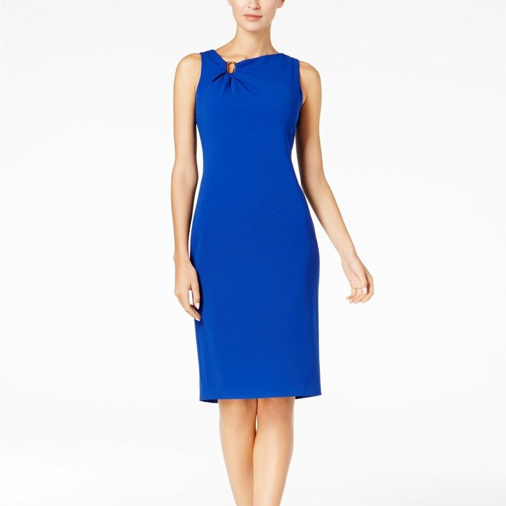 CALVIN KLEIN Asymmetrical Scuba Crepe Sleeveless Sheath Dress